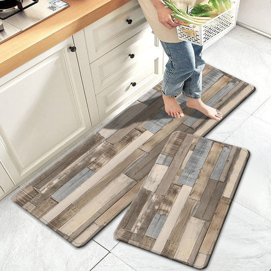 Retro wood pattern anti-slip kitchen rug with anti-fatigue properties. Absorbent, anti-stain floor mat for comfort while standing. Suitable for living room, bedroom, bathroom, kitchen, laundry, and office areas. Can be used as a home decor item.