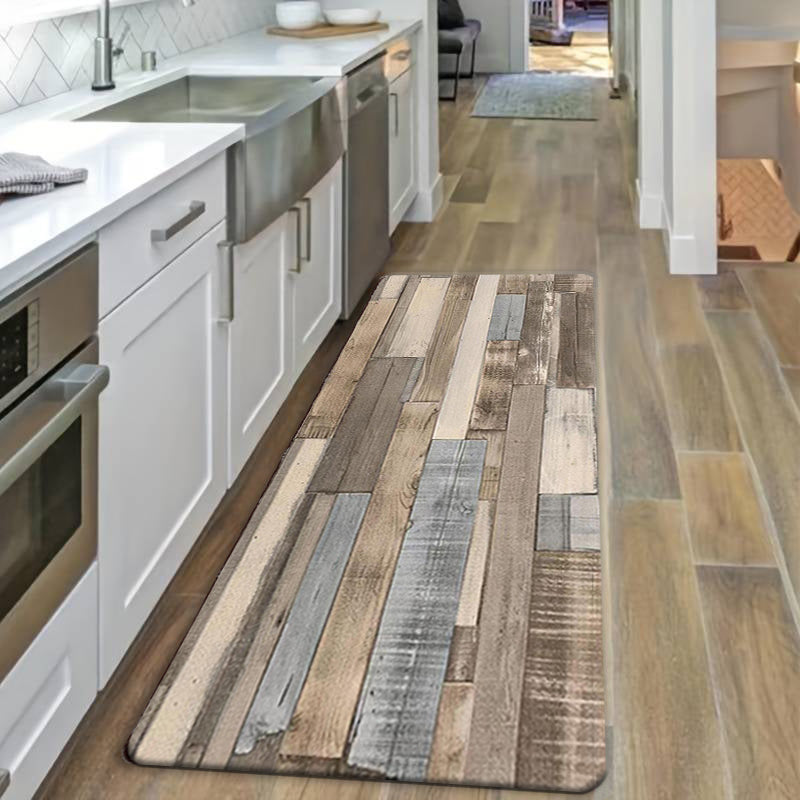 Retro wood pattern anti-slip kitchen rug with anti-fatigue properties. Absorbent, anti-stain floor mat for comfort while standing. Suitable for living room, bedroom, bathroom, kitchen, laundry, and office areas. Can be used as a home decor item.