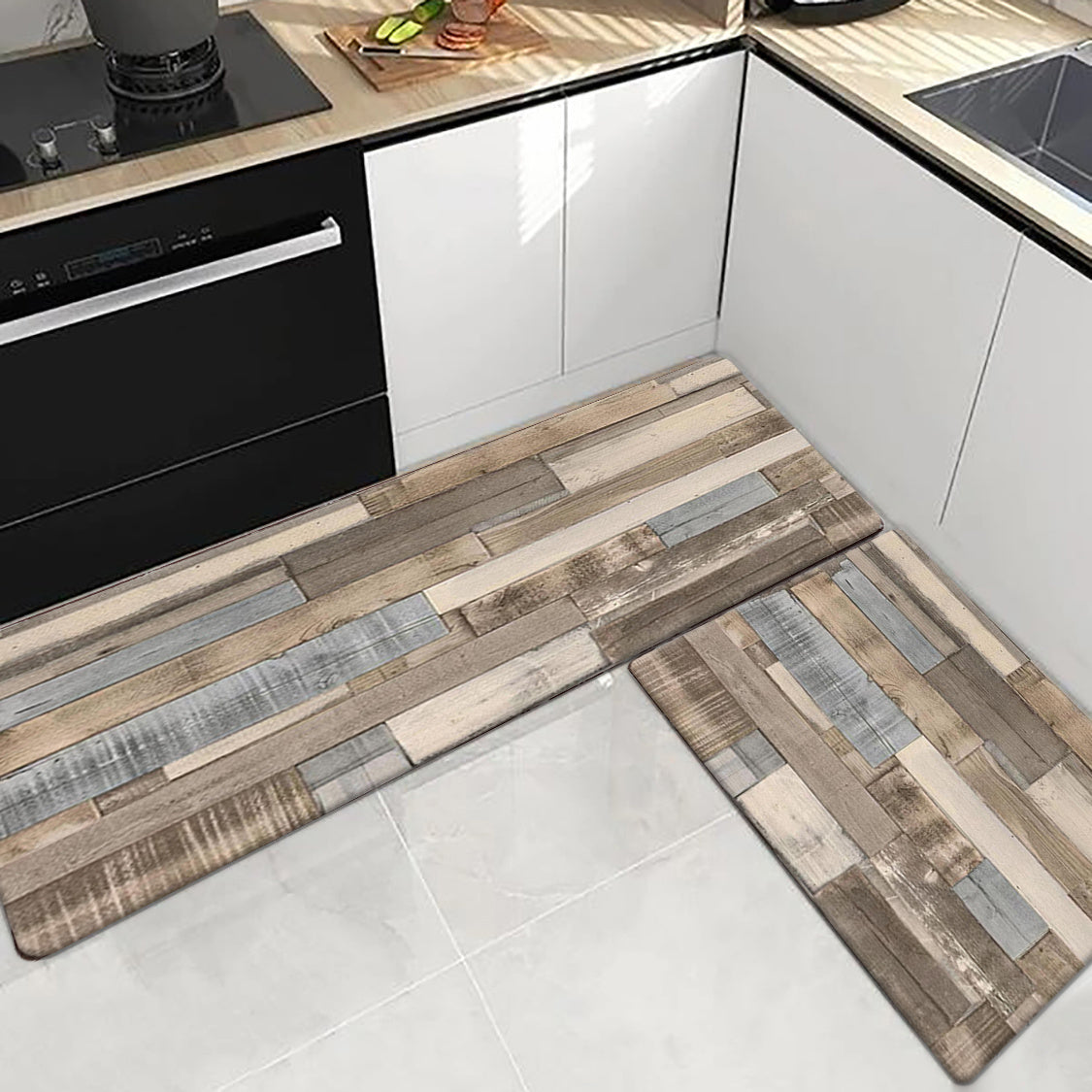 Retro wood pattern anti-slip kitchen rug with anti-fatigue properties. Absorbent, anti-stain floor mat for comfort while standing. Suitable for living room, bedroom, bathroom, kitchen, laundry, and office areas. Can be used as a home decor item.