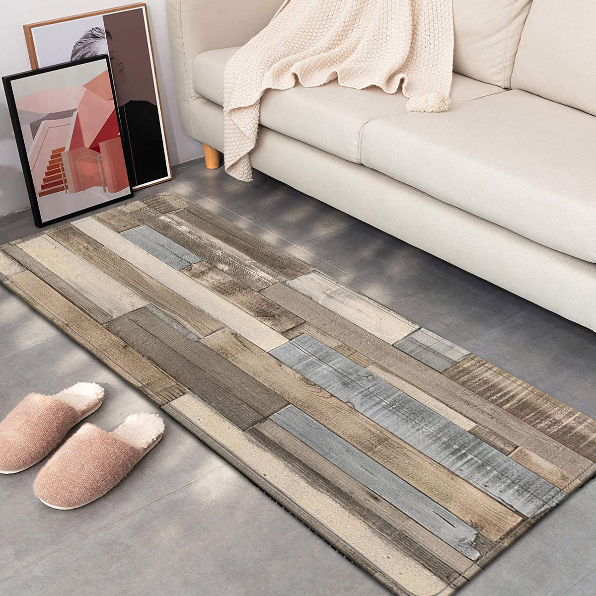 Retro wood pattern anti-slip kitchen rug with anti-fatigue properties. Absorbent, anti-stain floor mat for comfort while standing. Suitable for living room, bedroom, bathroom, kitchen, laundry, and office areas. Can be used as a home decor item.