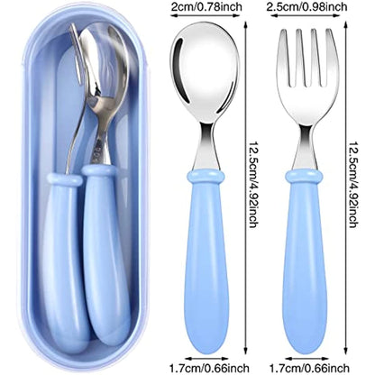 Set of 3 stainless steel youngsters' utensils with colorful handles, dishwasher safe. Includes fork and spoon in blue geometric pattern in pink and green cases.