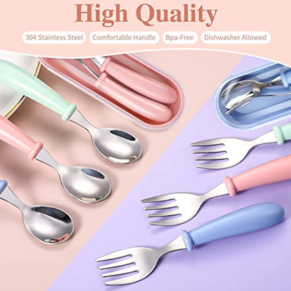 Set of 3 stainless steel youngsters' utensils with colorful handles, dishwasher safe. Includes fork and spoon in blue geometric pattern in pink and green cases.