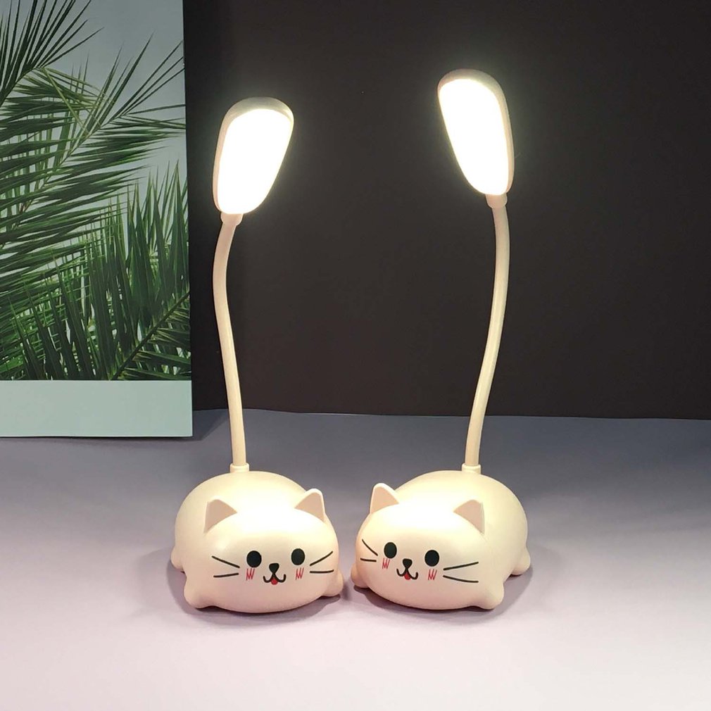 Adjustable Cartoon Cat LED Night Light in Pink/Green/Blue/White, USB Rechargeable with Flexible Neck for Easy Positioning. Eye-Caring Desk Lamp for Youngsters. Cute Smiling Cat Design.