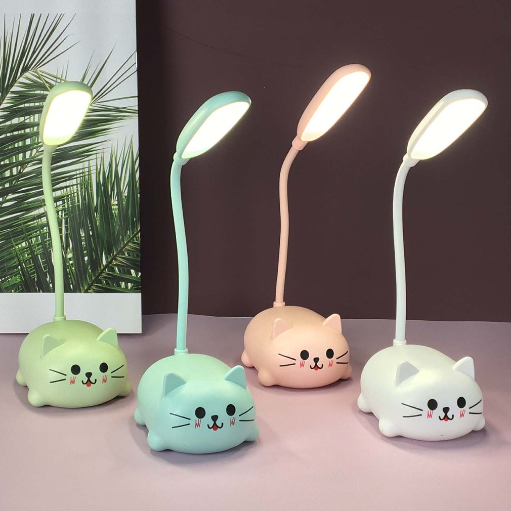 Adjustable Cartoon Cat LED Night Light in Pink/Green/Blue/White, USB Rechargeable with Flexible Neck for Easy Positioning. Eye-Caring Desk Lamp for Youngsters. Cute Smiling Cat Design.