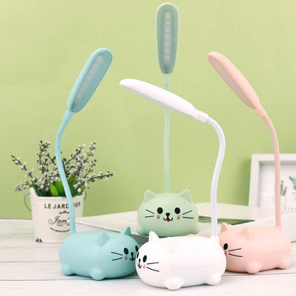 Adjustable Cartoon Cat LED Night Light in Pink/Green/Blue/White, USB Rechargeable with Flexible Neck for Easy Positioning. Eye-Caring Desk Lamp for Youngsters. Cute Smiling Cat Design.