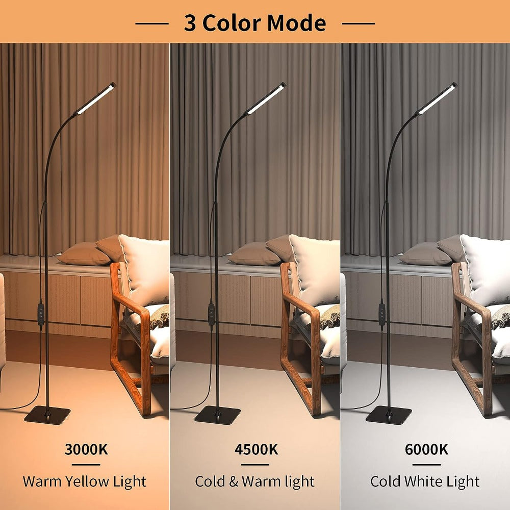 Dimmable floor lamp with 120 LEDs, 3 color modes, and 10 brightness settings. Compatible with 5V/2A adapter. Features flexible gooseneck for use in living rooms, bedrooms, and offices.