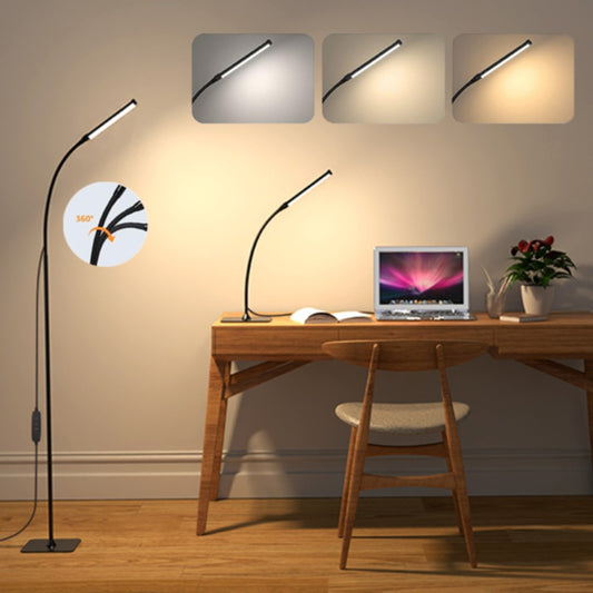 Dimmable floor lamp with 120 LEDs, 3 color modes, and 10 brightness settings. Compatible with 5V/2A adapter. Features flexible gooseneck for use in living rooms, bedrooms, and offices.