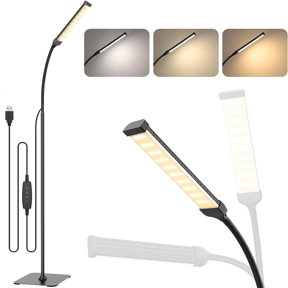 Dimmable floor lamp with 120 LEDs, 3 color modes, and 10 brightness settings. Compatible with 5V/2A adapter. Features flexible gooseneck for use in living rooms, bedrooms, and offices.