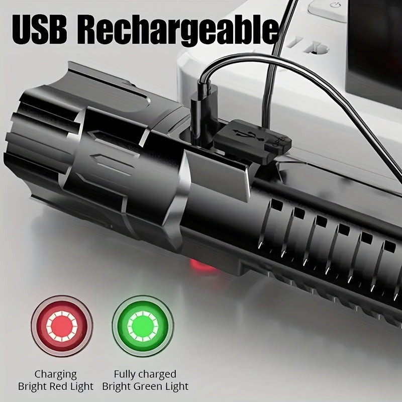 1pc USB-rechargeable handheld flashlight with wide zoom beam for outdoor, exploration, and work lighting.