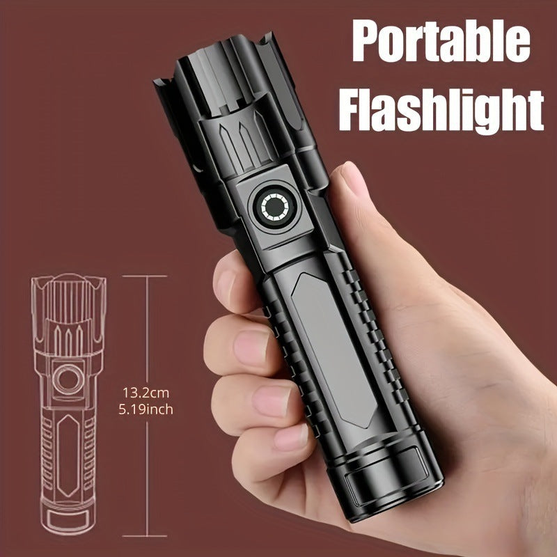 1pc USB-rechargeable handheld flashlight with wide zoom beam for outdoor, exploration, and work lighting.