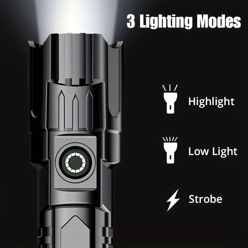 1pc USB-rechargeable handheld flashlight with wide zoom beam for outdoor, exploration, and work lighting.