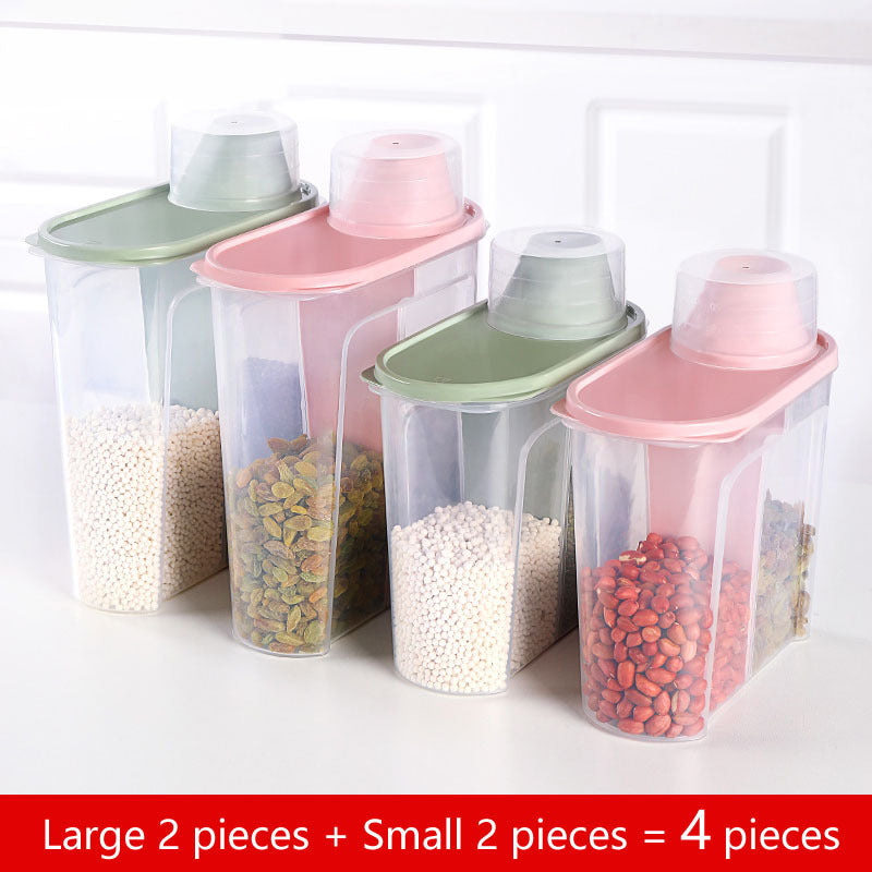 Set of four PP food storage boxes with clear plastic containers and pour lids, perfect for storing cereal, rice, pasta, tea, nuts, and coffee beans. Ideal for preserving food in the kitchen at home.