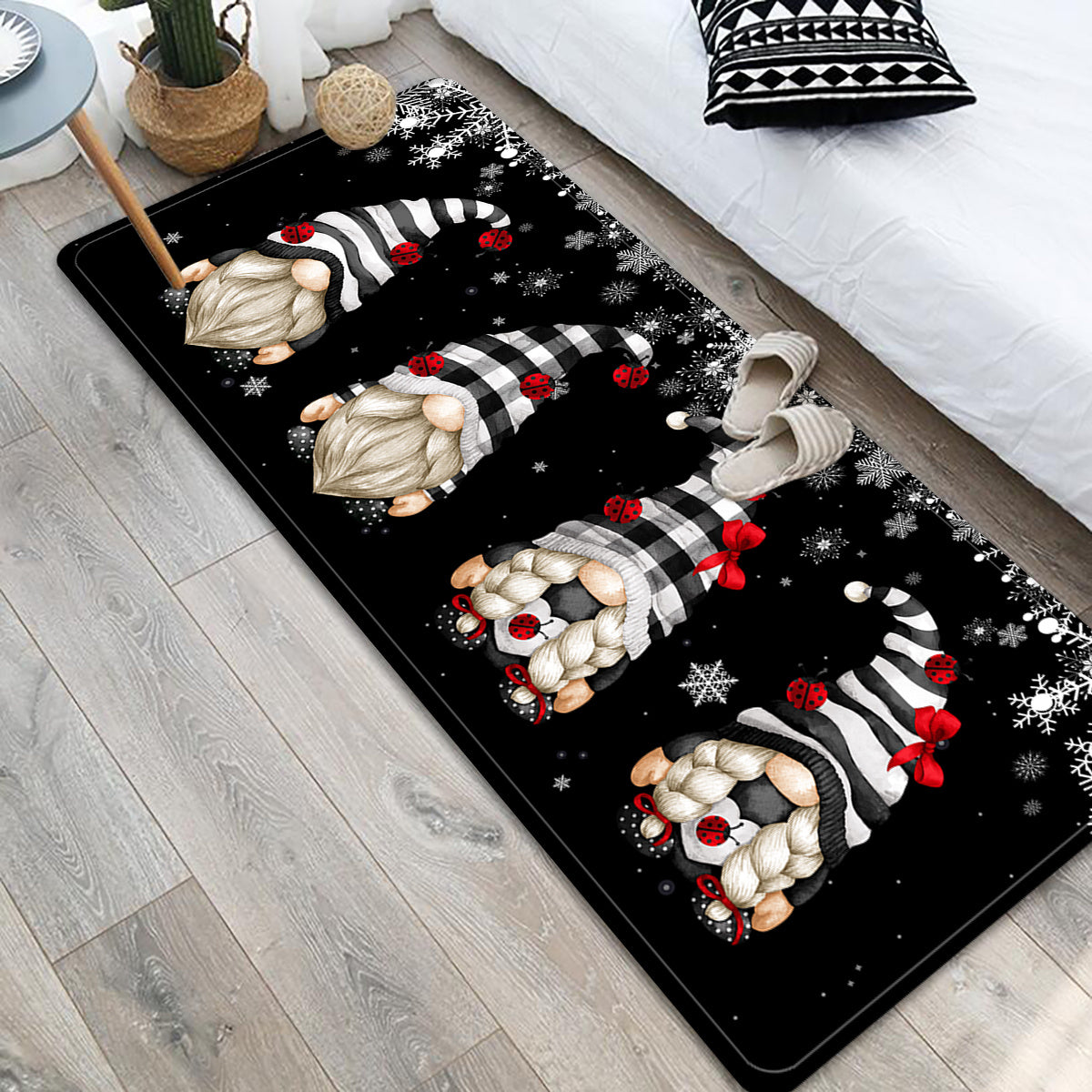 Black and white gnome crystal bath mat rugs, featuring a Santa Claus pattern. Waterproof and easy to clean, these seasonal decorations are perfect for adding a cute aesthetic touch to your home. Ideal for use as a floor mat or carpet, these art supplies