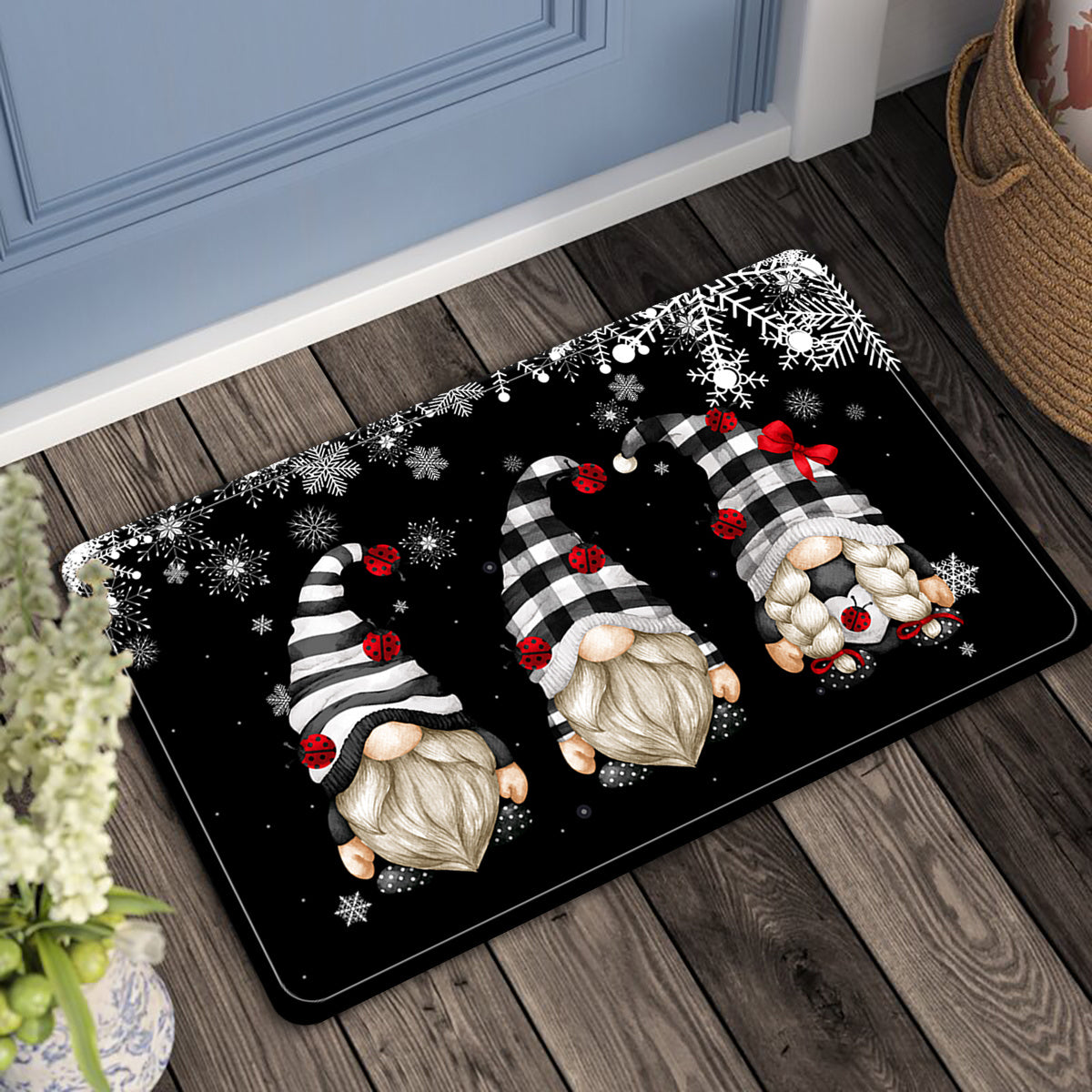 Black and white gnome crystal bath mat rugs, featuring a Santa Claus pattern. Waterproof and easy to clean, these seasonal decorations are perfect for adding a cute aesthetic touch to your home. Ideal for use as a floor mat or carpet, these art supplies