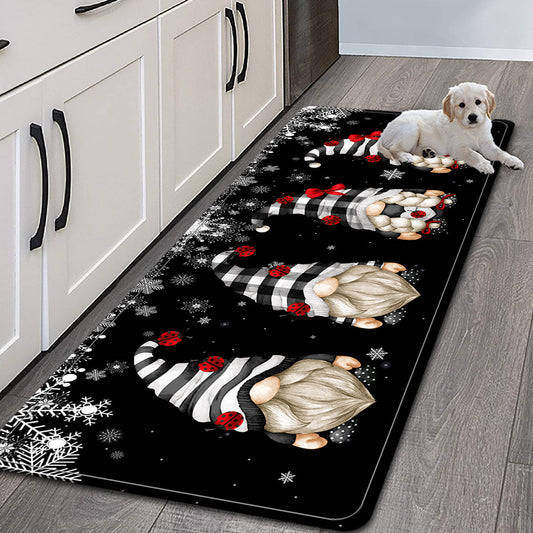 Black and white gnome crystal bath mat rugs, featuring a Santa Claus pattern. Waterproof and easy to clean, these seasonal decorations are perfect for adding a cute aesthetic touch to your home. Ideal for use as a floor mat or carpet, these art supplies