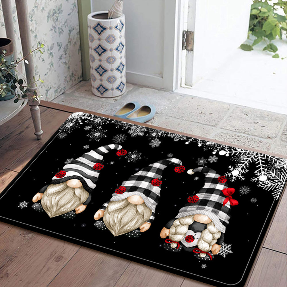 Black and white gnome crystal bath mat rugs, featuring a Santa Claus pattern. Waterproof and easy to clean, these seasonal decorations are perfect for adding a cute aesthetic touch to your home. Ideal for use as a floor mat or carpet, these art supplies