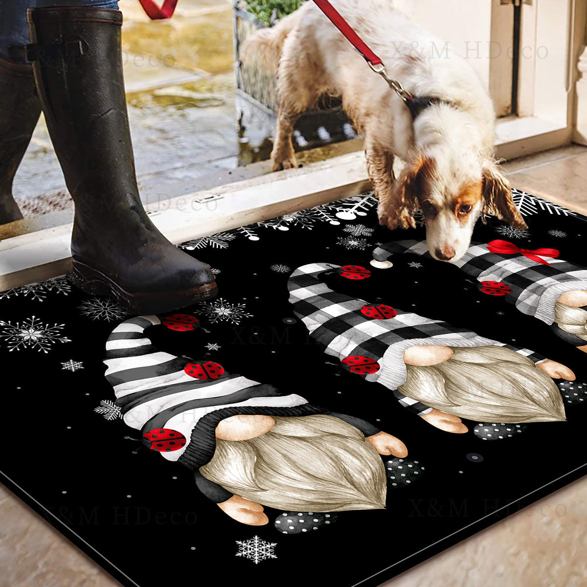 Black and white gnome crystal bath mat rugs, featuring a Santa Claus pattern. Waterproof and easy to clean, these seasonal decorations are perfect for adding a cute aesthetic touch to your home. Ideal for use as a floor mat or carpet, these art supplies