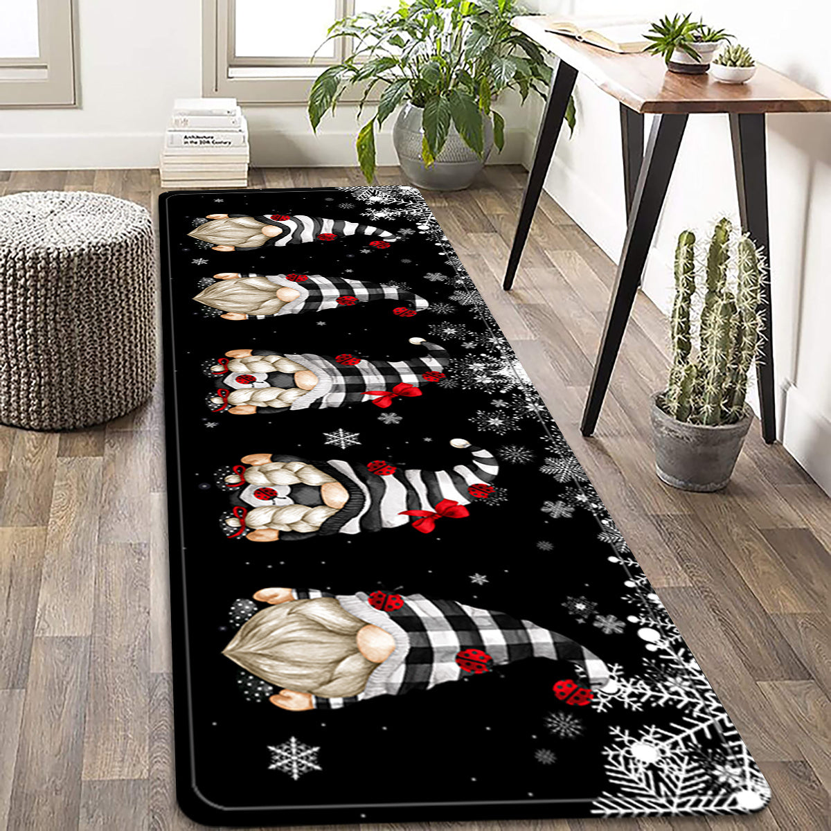 Black and white gnome crystal bath mat rugs, featuring a Santa Claus pattern. Waterproof and easy to clean, these seasonal decorations are perfect for adding a cute aesthetic touch to your home. Ideal for use as a floor mat or carpet, these art supplies