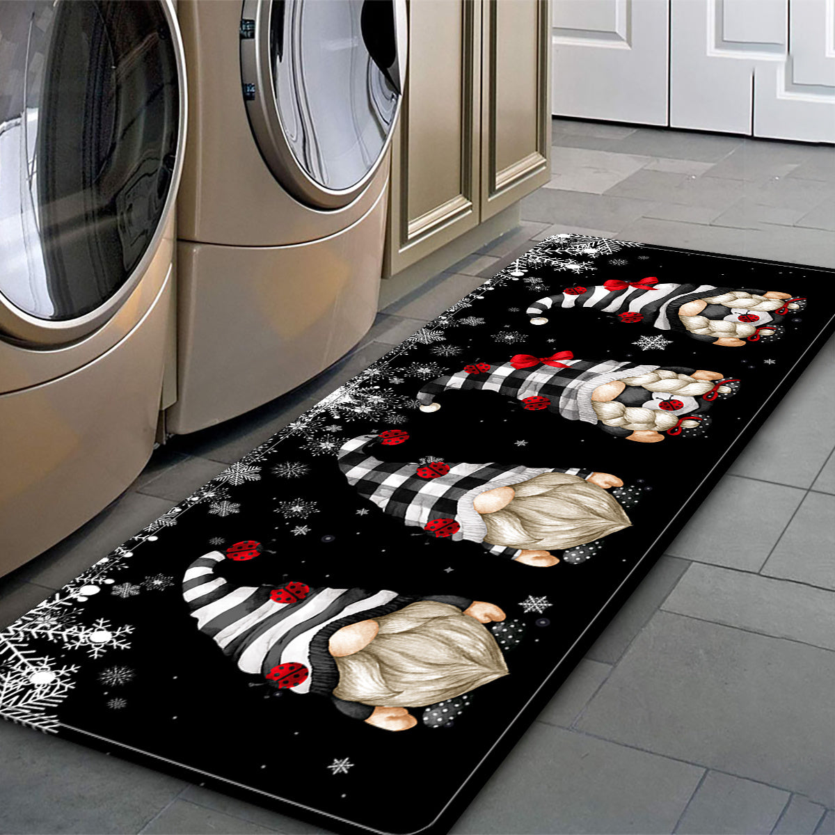 Black and white gnome crystal bath mat rugs, featuring a Santa Claus pattern. Waterproof and easy to clean, these seasonal decorations are perfect for adding a cute aesthetic touch to your home. Ideal for use as a floor mat or carpet, these art supplies