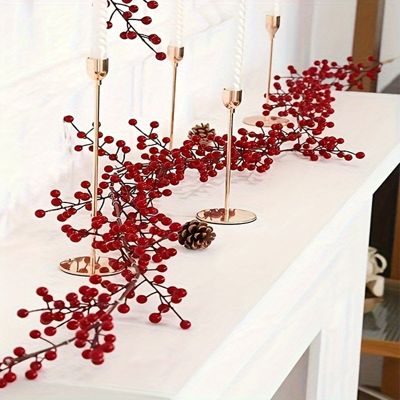 69-inch artificial cranberry vine in plastic red holly, perfect for home, wedding, and Christmas decor. Can be used as a versatile faux berry garland for tables, New Year's celebrations, and engagement parties.