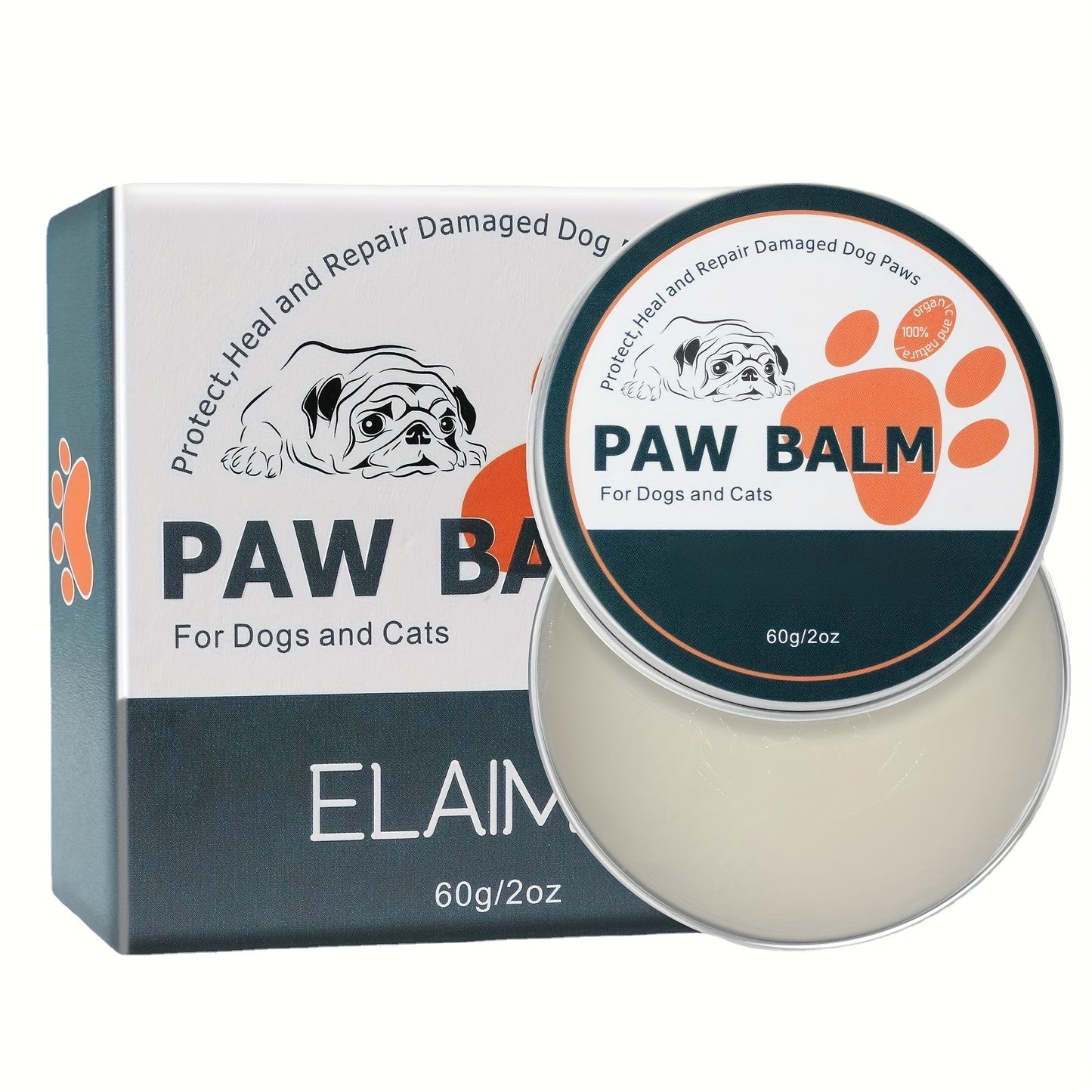 60g ELAIM Paw Balm for Dogs & Cats protects, heals, and moisturizes paws and noses with natural ingredients like Aloe Vera and Coconut Oil. Ideal for cracked pads and hot pavement.