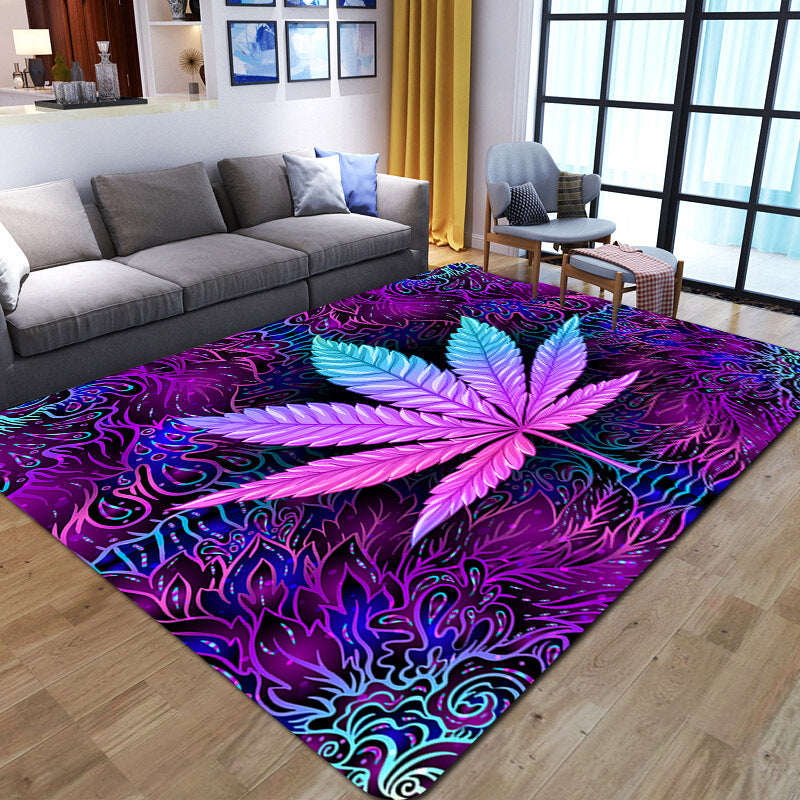 Purple background with leaf print living room carpet floor mat, featuring a flower leaf print design. Perfect for use as a carpet under the sofa or coffee table, creating a soft area in the home. Ideal for gothic bedroom decor, Halloween room decor, or