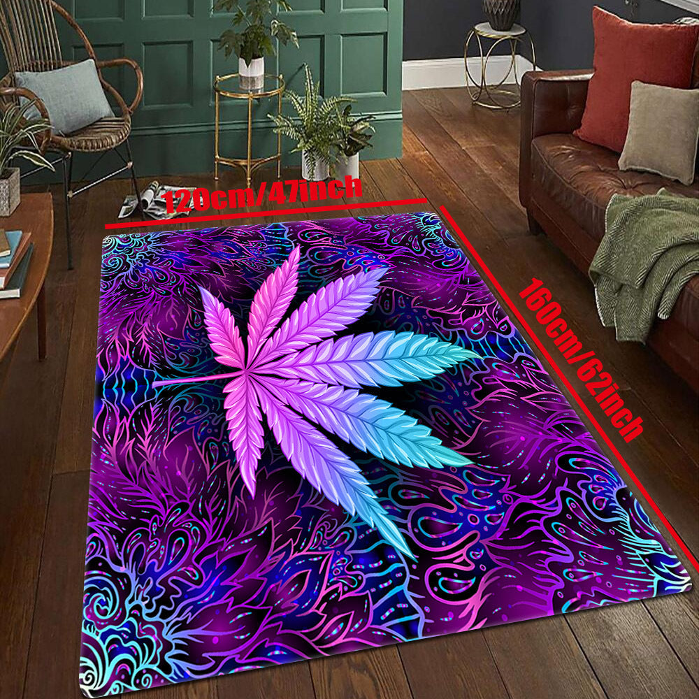 Purple background with leaf print living room carpet floor mat, featuring a flower leaf print design. Perfect for use as a carpet under the sofa or coffee table, creating a soft area in the home. Ideal for gothic bedroom decor, Halloween room decor, or