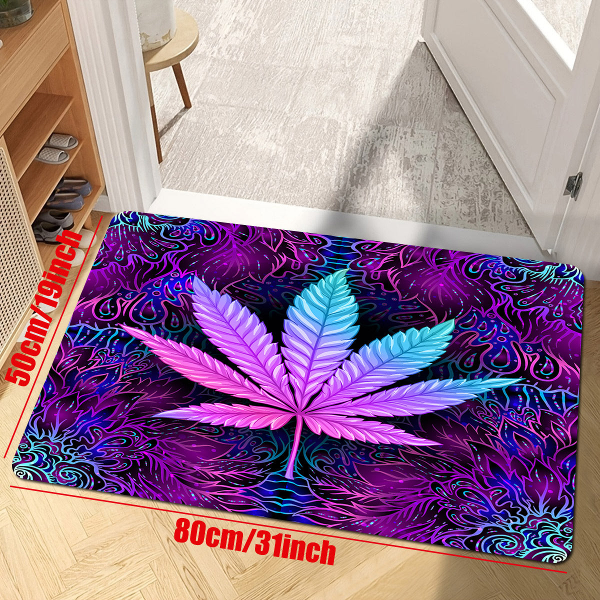 Purple background with leaf print living room carpet floor mat, featuring a flower leaf print design. Perfect for use as a carpet under the sofa or coffee table, creating a soft area in the home. Ideal for gothic bedroom decor, Halloween room decor, or