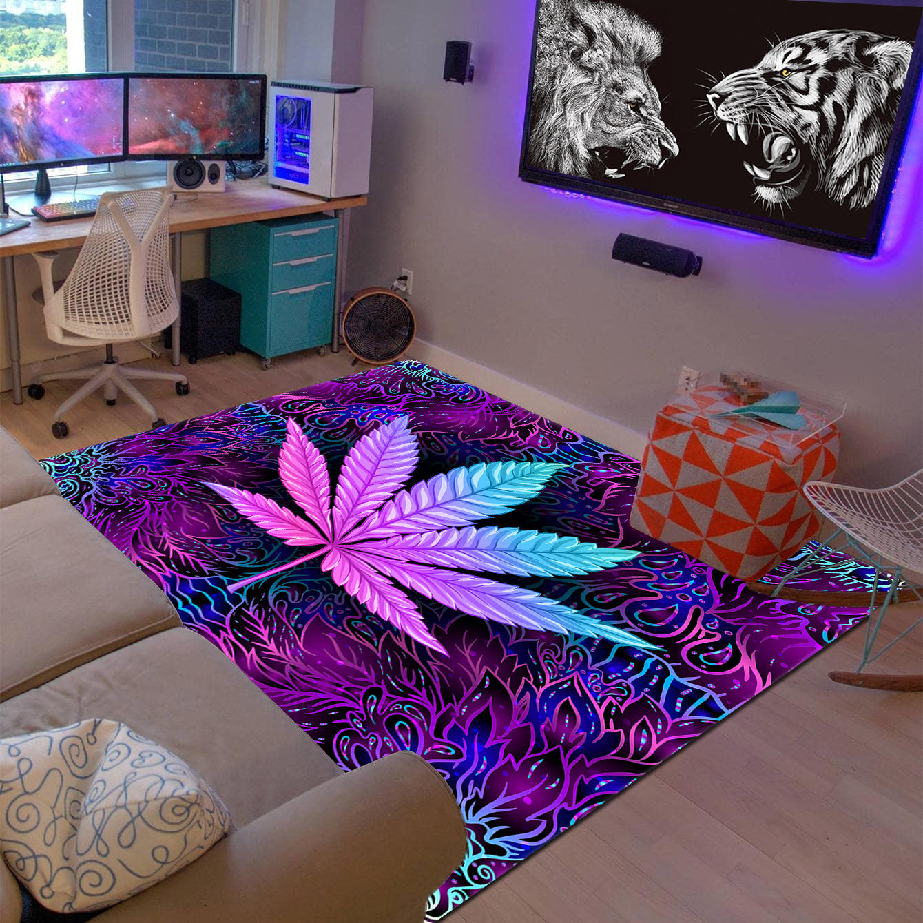 Purple background with leaf print living room carpet floor mat, featuring a flower leaf print design. Perfect for use as a carpet under the sofa or coffee table, creating a soft area in the home. Ideal for gothic bedroom decor, Halloween room decor, or