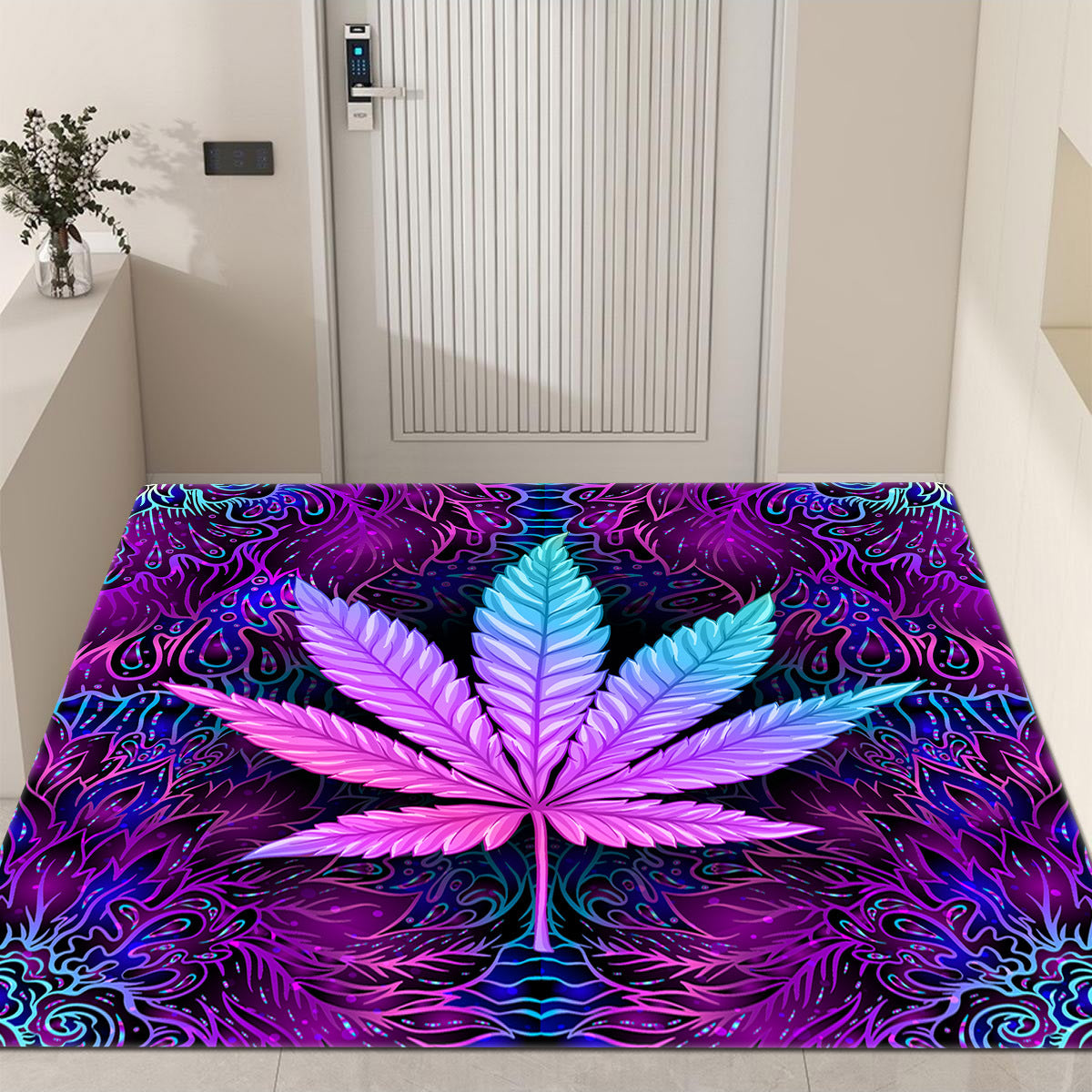 Purple background with leaf print living room carpet floor mat, featuring a flower leaf print design. Perfect for use as a carpet under the sofa or coffee table, creating a soft area in the home. Ideal for gothic bedroom decor, Halloween room decor, or