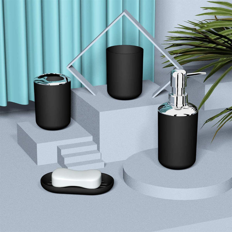 Plastic bathroom accessory set includes soap dispenser, toothbrush holder, toilet brush, trash can, tumbler, and soap dish.