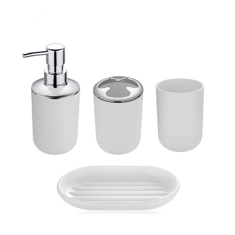 Plastic bathroom accessory set includes soap dispenser, toothbrush holder, toilet brush, trash can, tumbler, and soap dish.