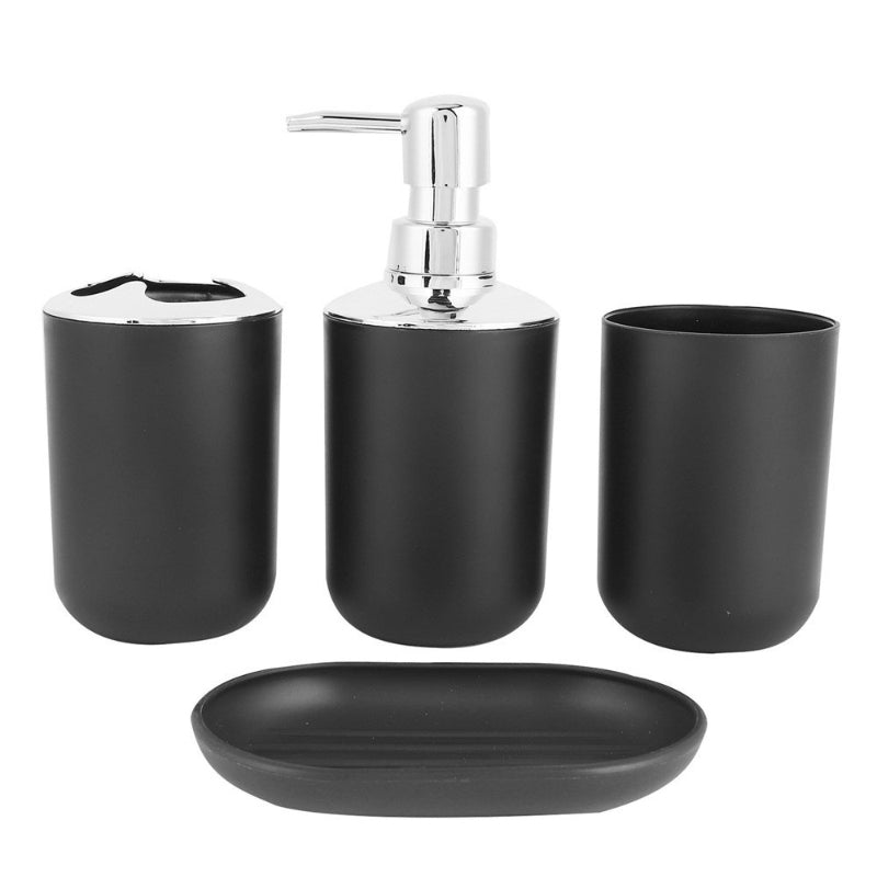 Plastic bathroom accessory set includes soap dispenser, toothbrush holder, toilet brush, trash can, tumbler, and soap dish.