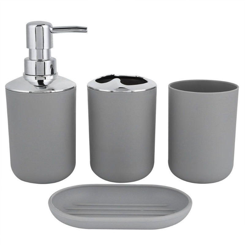 Plastic bathroom accessory set includes soap dispenser, toothbrush holder, toilet brush, trash can, tumbler, and soap dish.