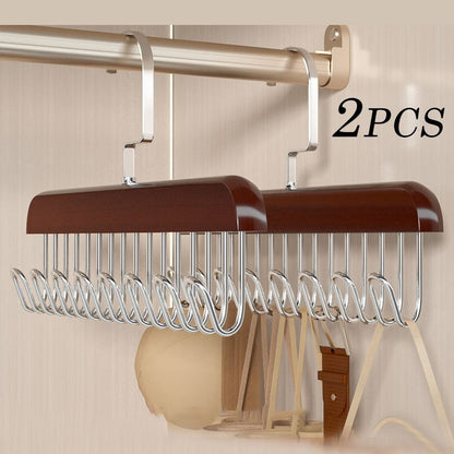 Set of 2 Wooden Clothes Hangers with 8 Hooks, Bra-Saving Space Hangers, Sturdy Wooden Hanger with Swivel Hooks, Closet Organizer for Tank Tops, Camisoles, Bathing Suits, Bras, and Scarves.