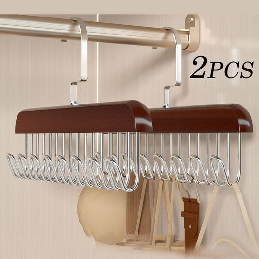 Set of 2 Wooden Clothes Hangers with 8 Hooks, Bra-Saving Space Hangers, Sturdy Wooden Hanger with Swivel Hooks, Closet Organizer for Tank Tops, Camisoles, Bathing Suits, Bras, and Scarves.