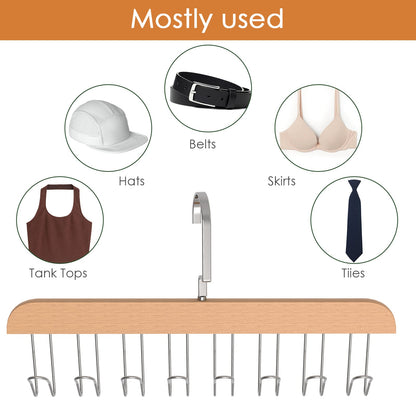 Set of 2 Wooden Clothes Hangers with 8 Hooks, Bra-Saving Space Hangers, Sturdy Wooden Hanger with Swivel Hooks, Closet Organizer for Tank Tops, Camisoles, Bathing Suits, Bras, and Scarves.