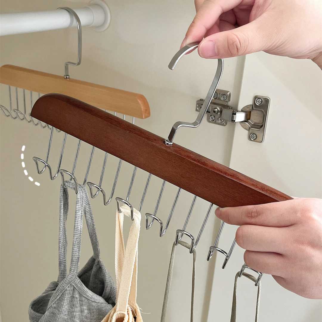 Set of 2 Wooden Clothes Hangers with 8 Hooks, Bra-Saving Space Hangers, Sturdy Wooden Hanger with Swivel Hooks, Closet Organizer for Tank Tops, Camisoles, Bathing Suits, Bras, and Scarves.