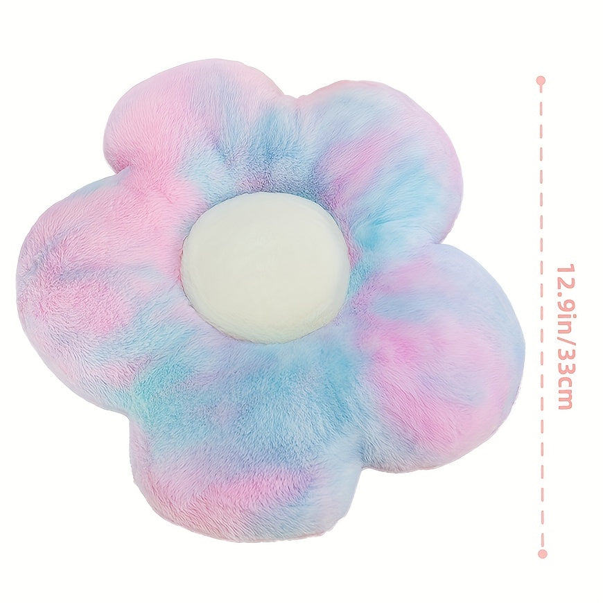 Cute flower plush pillow seat cushion in yellow, pink, and blue. Machine washable, cozy seating addition for home decor and reading spaces. Soft acrylic filling and decorative pillows in contemporary floral design.