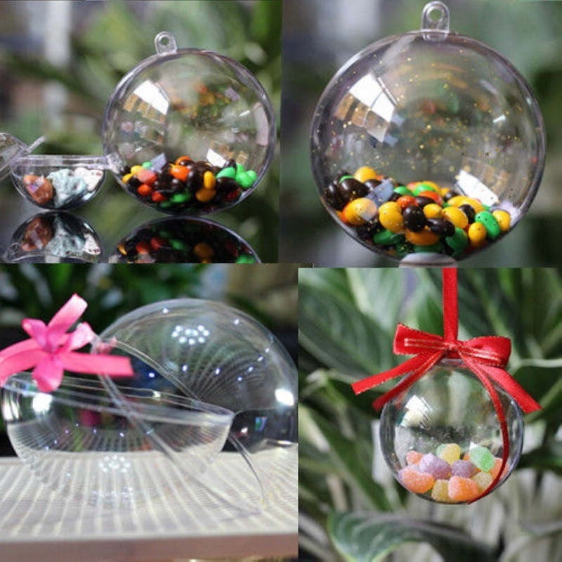 10 Clear plastic round ball Christmas tree decorations for party, wedding, and home decor.