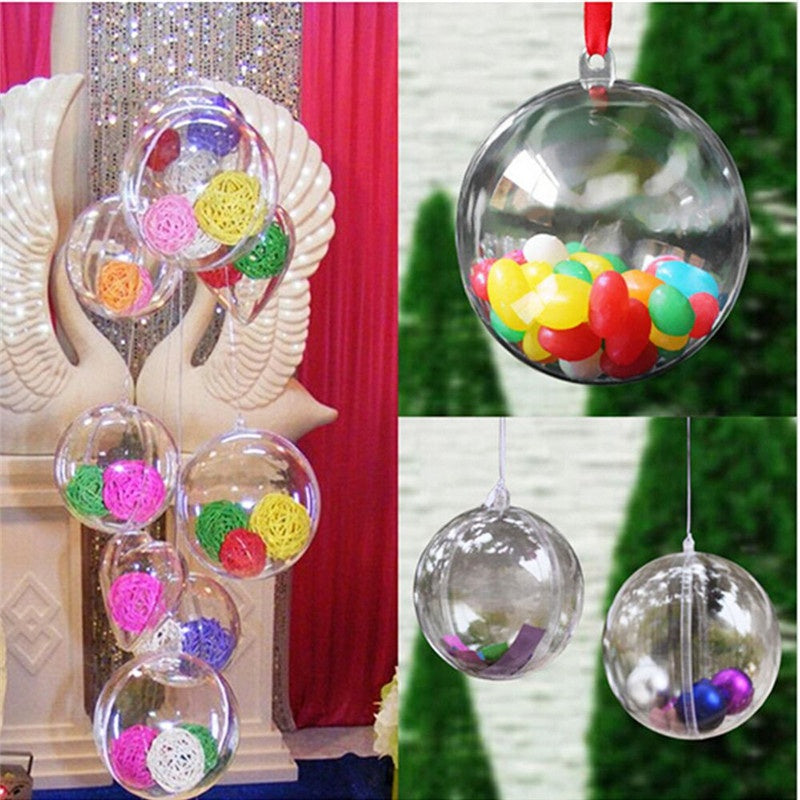 10 Clear plastic round ball Christmas tree decorations for party, wedding, and home decor.