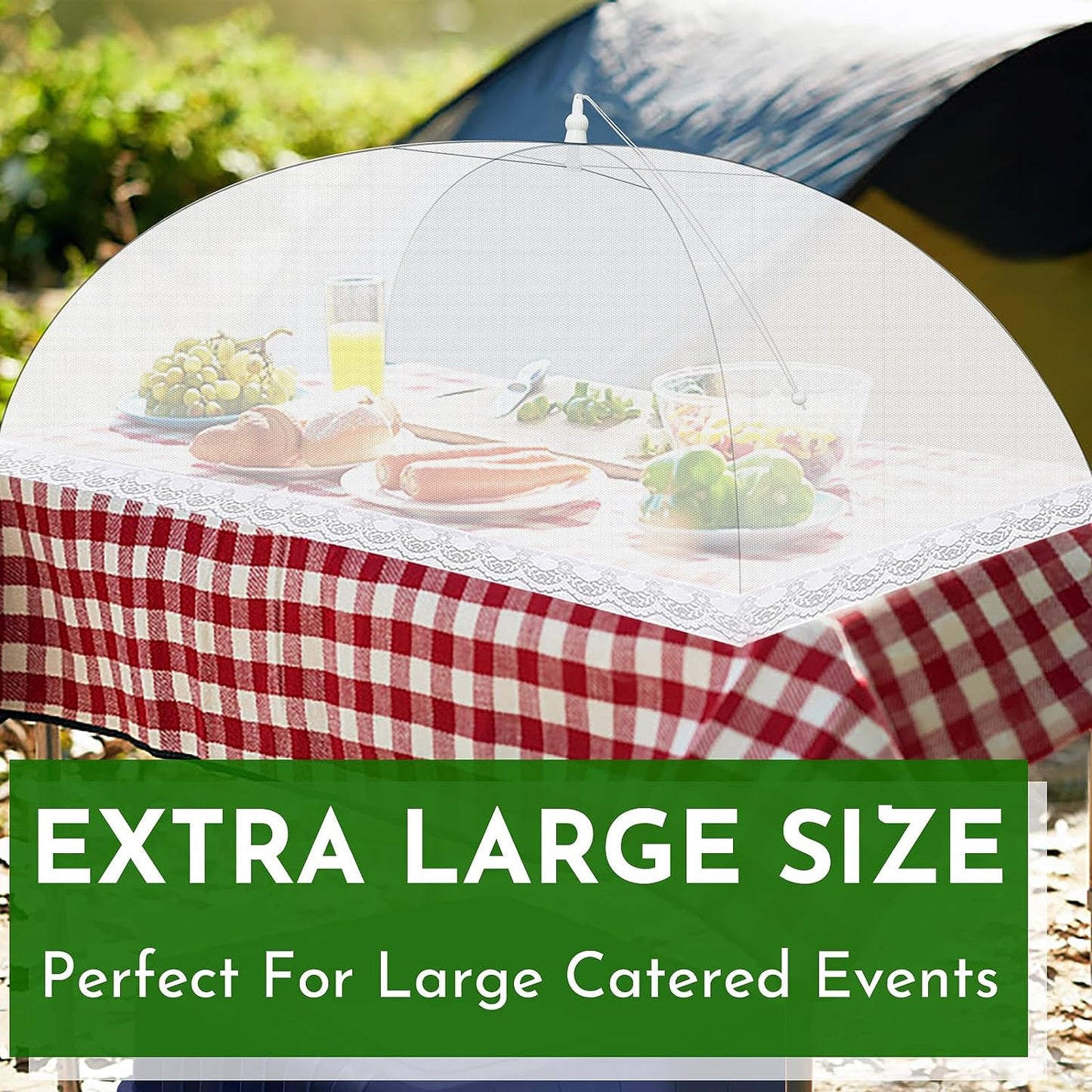 The 1pc Pop-Up Mesh Food Cover Tent is a versatile outdoor dining solution that measures 43.18x43.18 cm. Made of white alloy steel, this foldable and reusable tent comes with a convenient black drawstring bag. It is ideal for picnics, parties, and more.