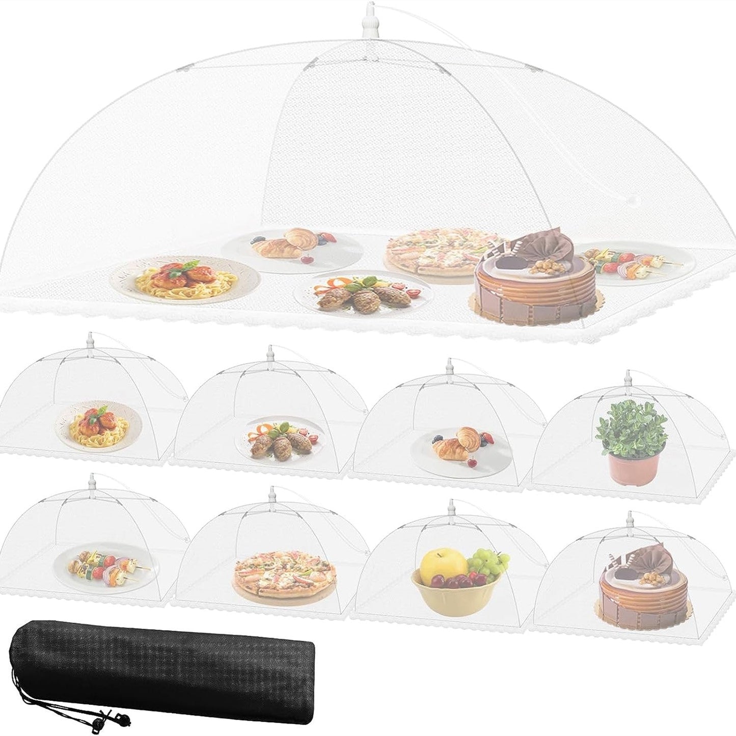 The 1pc Pop-Up Mesh Food Cover Tent is a versatile outdoor dining solution that measures 43.18x43.18 cm. Made of white alloy steel, this foldable and reusable tent comes with a convenient black drawstring bag. It is ideal for picnics, parties, and more.