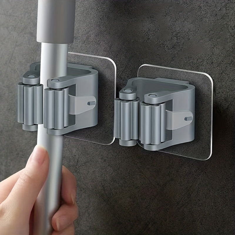 Wall mount mop and broom holder with no-drill installation, adjustable plastic hooks for kitchen, bathroom, and garage organization. Contemporary design with easy installation and utility hooks.