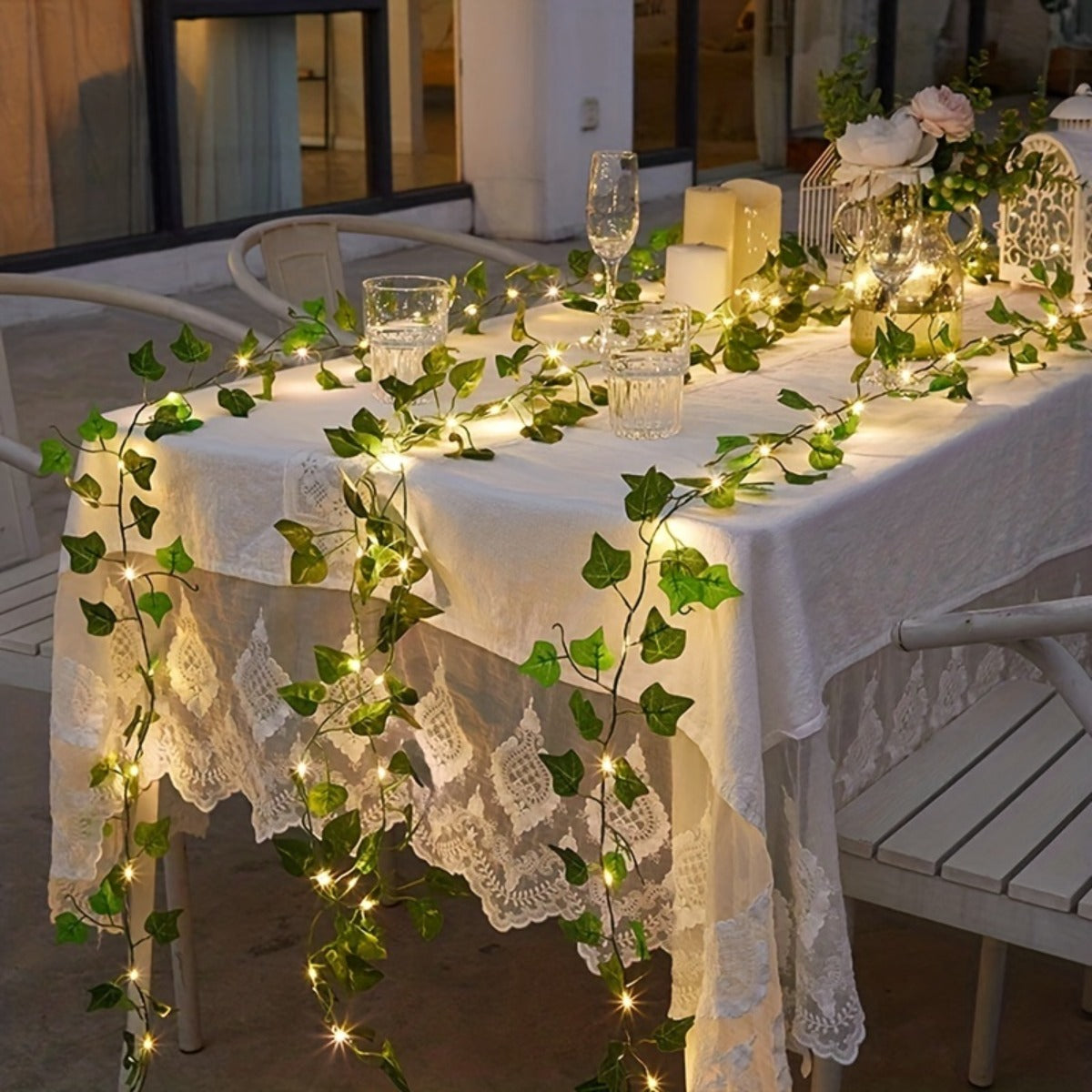 2m artificial ivy vine with 20 LED lights, perfect for home decor during Christmas and Halloween. Battery powered, no plug needed.