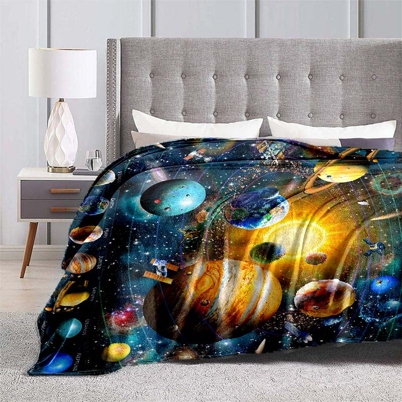 Soft and warm flannel throw blanket with a cosmic planet design, perfect for home, travel, camping, and more. Lightweight and cozy, great for sofa, bed, living room, office, or any seating area. Features digital printing on fleece fabric for a stylish