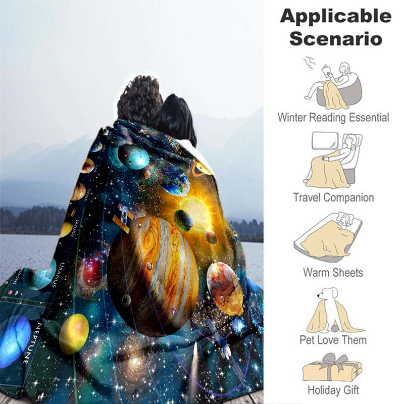 Soft and warm flannel throw blanket with a cosmic planet design, perfect for home, travel, camping, and more. Lightweight and cozy, great for sofa, bed, living room, office, or any seating area. Features digital printing on fleece fabric for a stylish