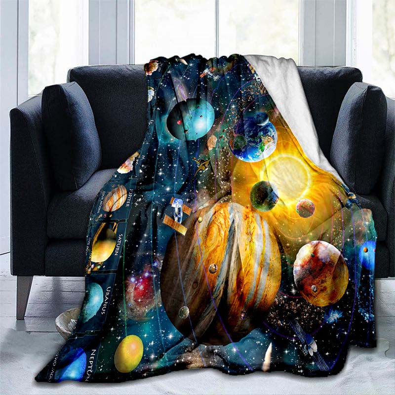 Soft and warm flannel throw blanket with a cosmic planet design, perfect for home, travel, camping, and more. Lightweight and cozy, great for sofa, bed, living room, office, or any seating area. Features digital printing on fleece fabric for a stylish