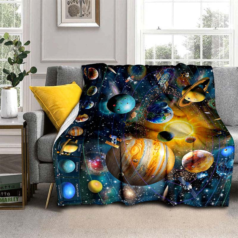 Soft and warm flannel throw blanket with a cosmic planet design, perfect for home, travel, camping, and more. Lightweight and cozy, great for sofa, bed, living room, office, or any seating area. Features digital printing on fleece fabric for a stylish