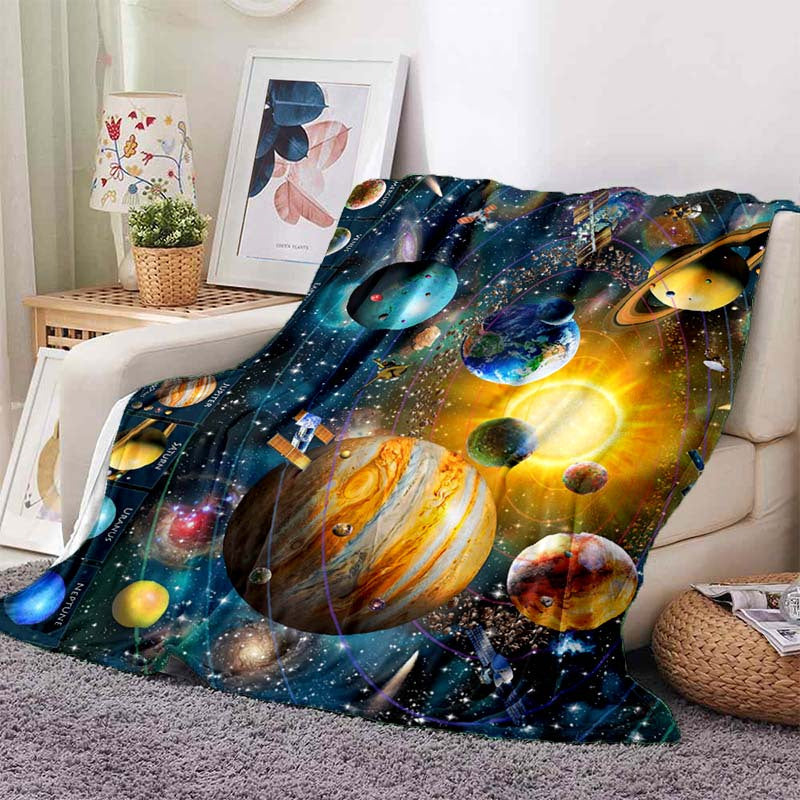 Soft and warm flannel throw blanket with a cosmic planet design, perfect for home, travel, camping, and more. Lightweight and cozy, great for sofa, bed, living room, office, or any seating area. Features digital printing on fleece fabric for a stylish